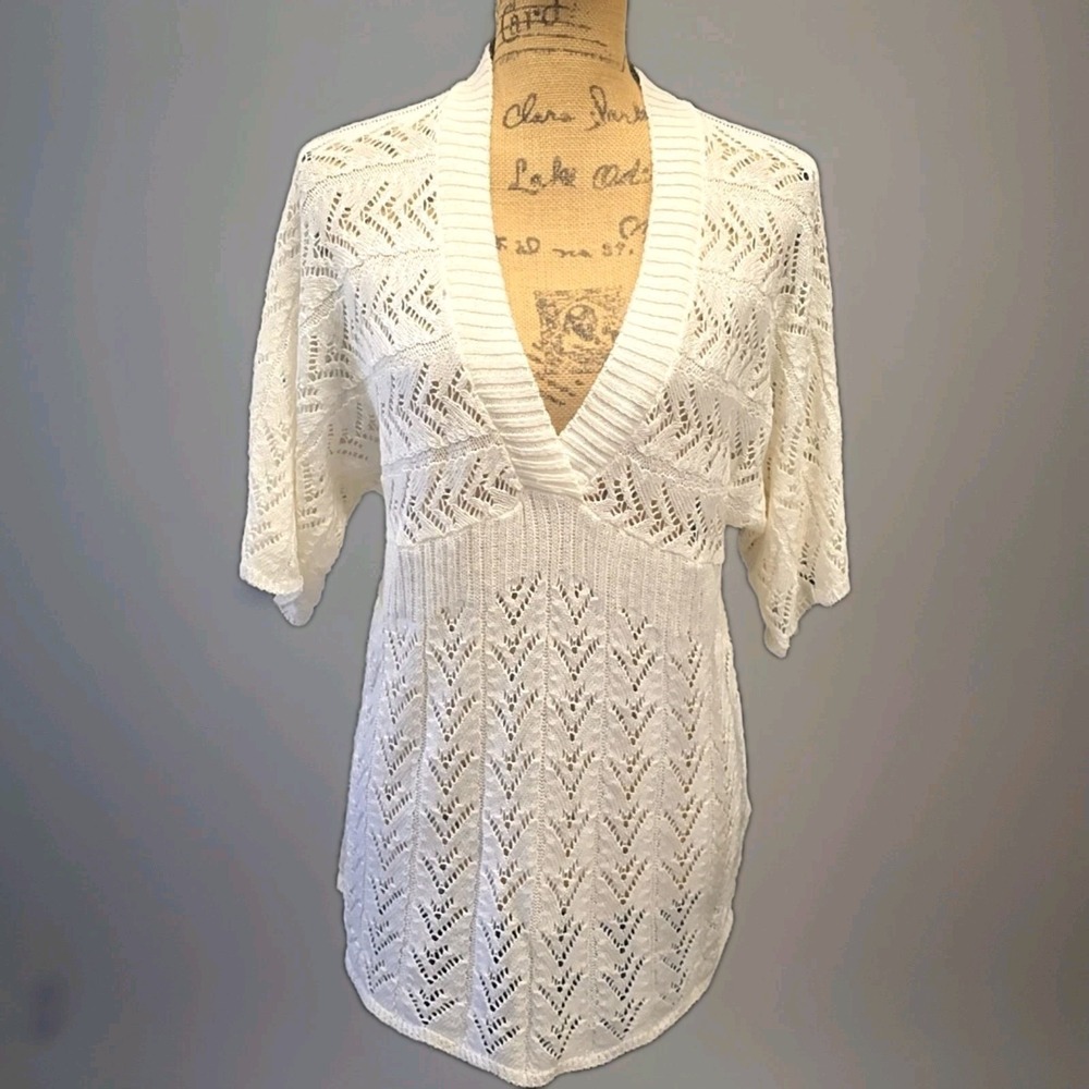 Vintage Faded Glory White Open Knit Tunic V Neck Boho‎ Beachy Y2K Fairycore sz L